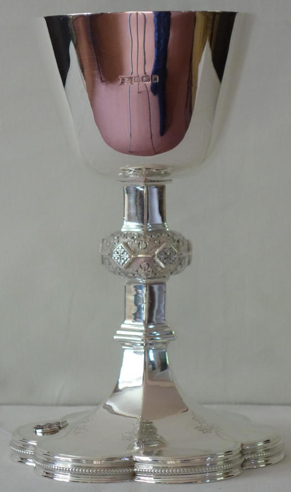 Ref 6029. Solid silver Gothic Chalice & Paten.